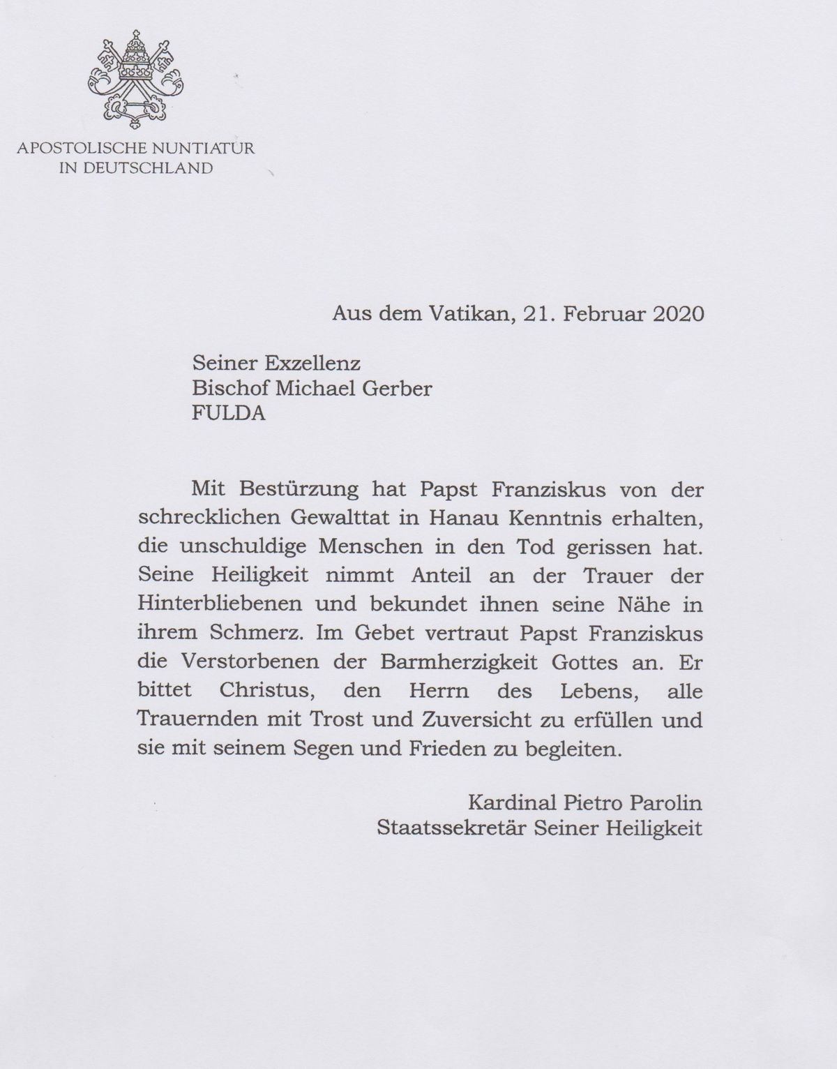 Papst sendet Beileidstelegramm 