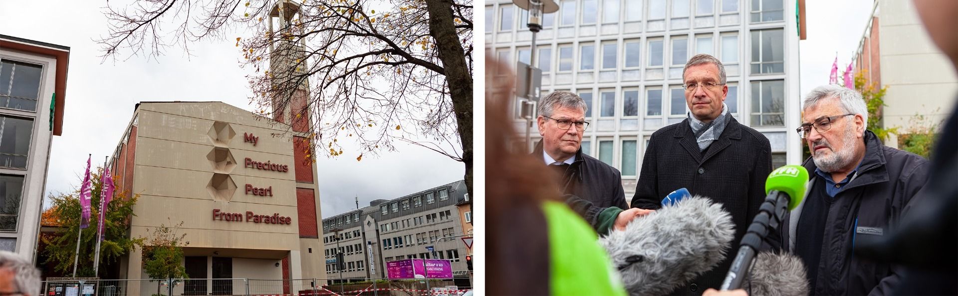 Bild links: Die Zugänge zur Elisabethkirche in Kassel sind aus Sicherheitsgründen aktuell gesperrt. Der Schriftzug an der Fassade erinnert an die Ausstellung „Poem of Pearls“, die parallel zur documenta 2022 in der Elisabethkirche gezeigt wurde. Foto: Bistum Fulda / Burkhard Beintken  Bild rechts: Generalvikar Prälat Christof Steinert, Bischof Dr. Michael Gerber und Franz Bartmann vom Verwaltungsrat der Pfarrei St. Elisabeth (v. l.) beantworteten vor Ort die Fragen der Medien. Foto: Bistum Fulda / Burkhard Beintken 